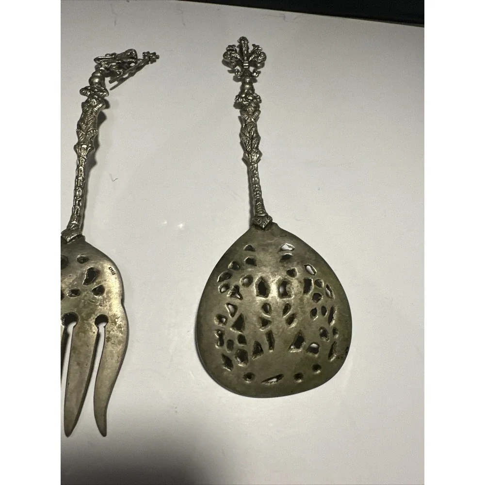 Silverplate Cherub Angel Cupid Serving Fork &‎ Spoon Intricate Pattern 9.5